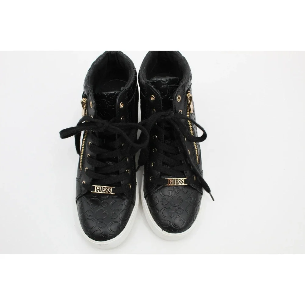 Guess Los Angeles Womens Black Embossed Logo Wedge High Top Sneakers Gold Zip